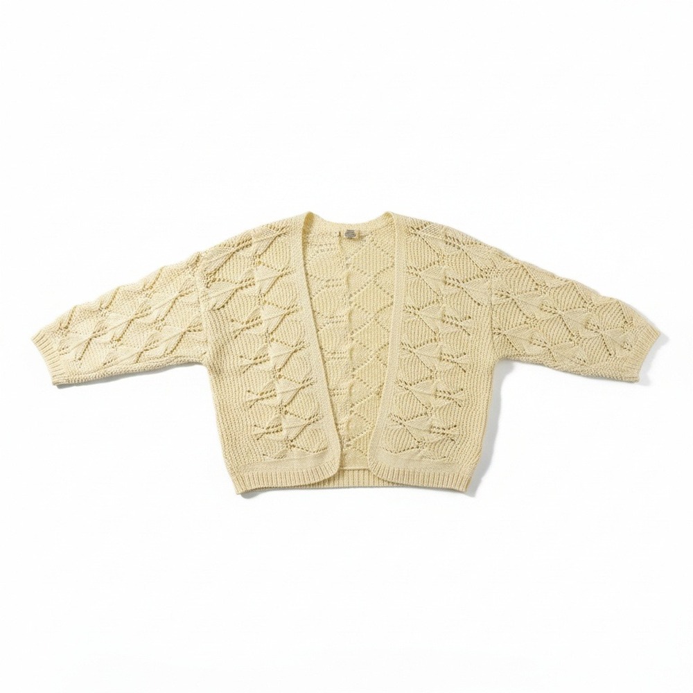 MOTH Anthropologie Pointelle Knit Cardigan Cream Cotton Scalloped Open Knit L